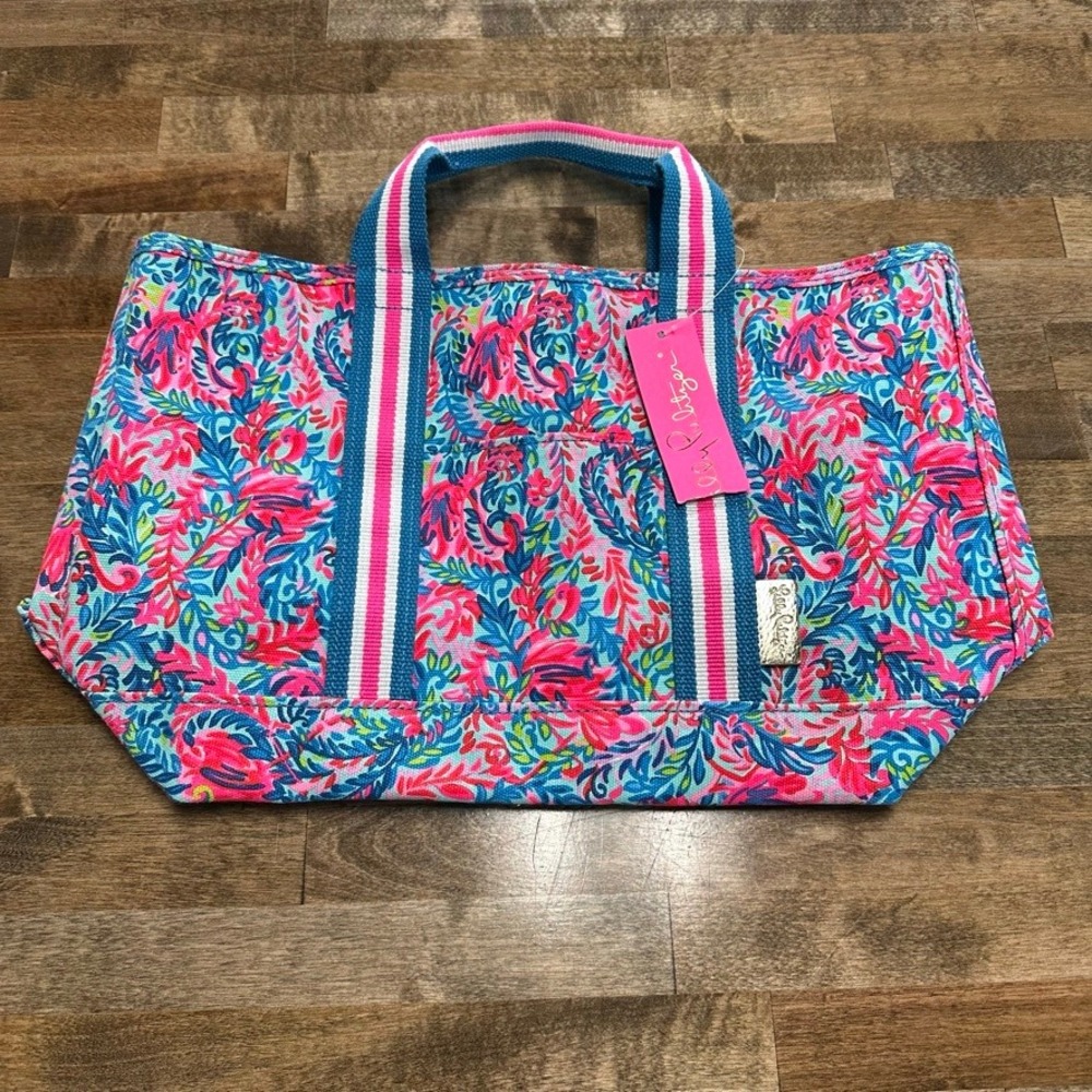 Lilly Pulitzer Mini Mercato Tote Surf Blue Flim Flam Canvas Bag 008070 NEW